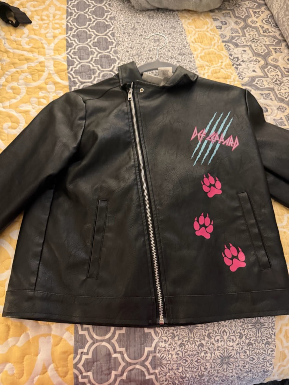Kids Black Faux Leather Jacket with Pink Paw Prints